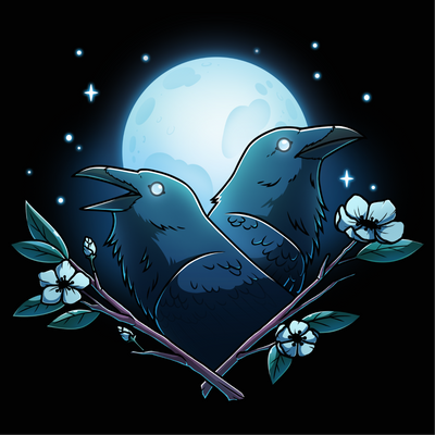Premium Cotton T-shirt_TeeTurtle black Caw-smic Connection Premium Cotton T-shirt featuring two ravens, two floral branches and a glowing full moon in the background
