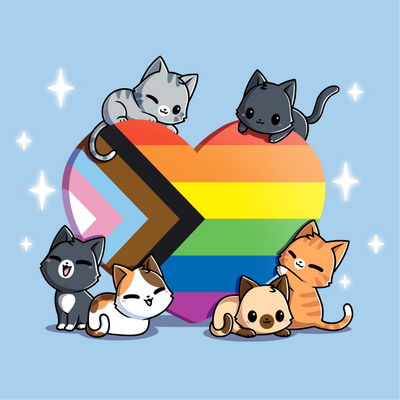 Premium Cotton T-shirt_TeeTurtle light blue Progress Purride Premium Cotton T-shirt featuring six different cats on or around a heart that is the colors of the progress pride flag. There are sparkles around them and all the cats look happy. 