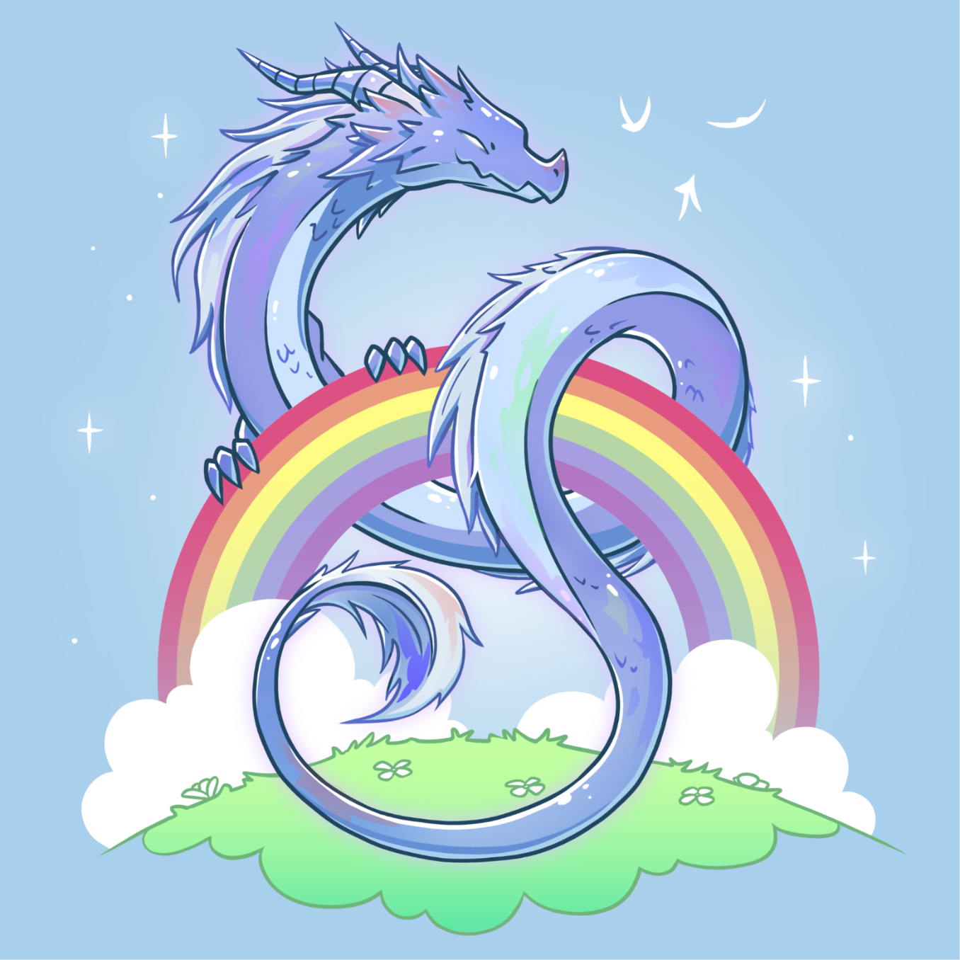 Premium Cotton T-shirt_TeeTurtle light blue Rainbow Protector Premium Cotton T-shirt featuring a smiling dragon protectively looped around a rainbow above a grassy area. There are sparkles around the dragon and rainbow. 