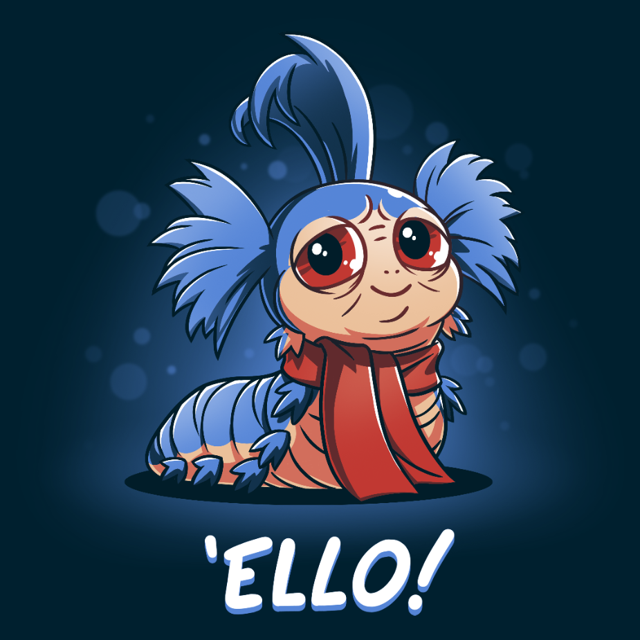 Premium Cotton T-shirt_TeeTurtle navy blue Ello! apparel featuring the worm William from the Labyrinth with a friendly, welcoming expression surrounded by transparent circles, and the caption, "Ello!".