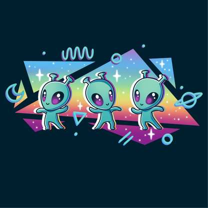 Premium Cotton T-shirt_TeeTurtle navy "Interstellar Pride" Premium Cotton T-shirt featuring three cut aliens dancing in front of geometric shapes filled with a rainbow gradient