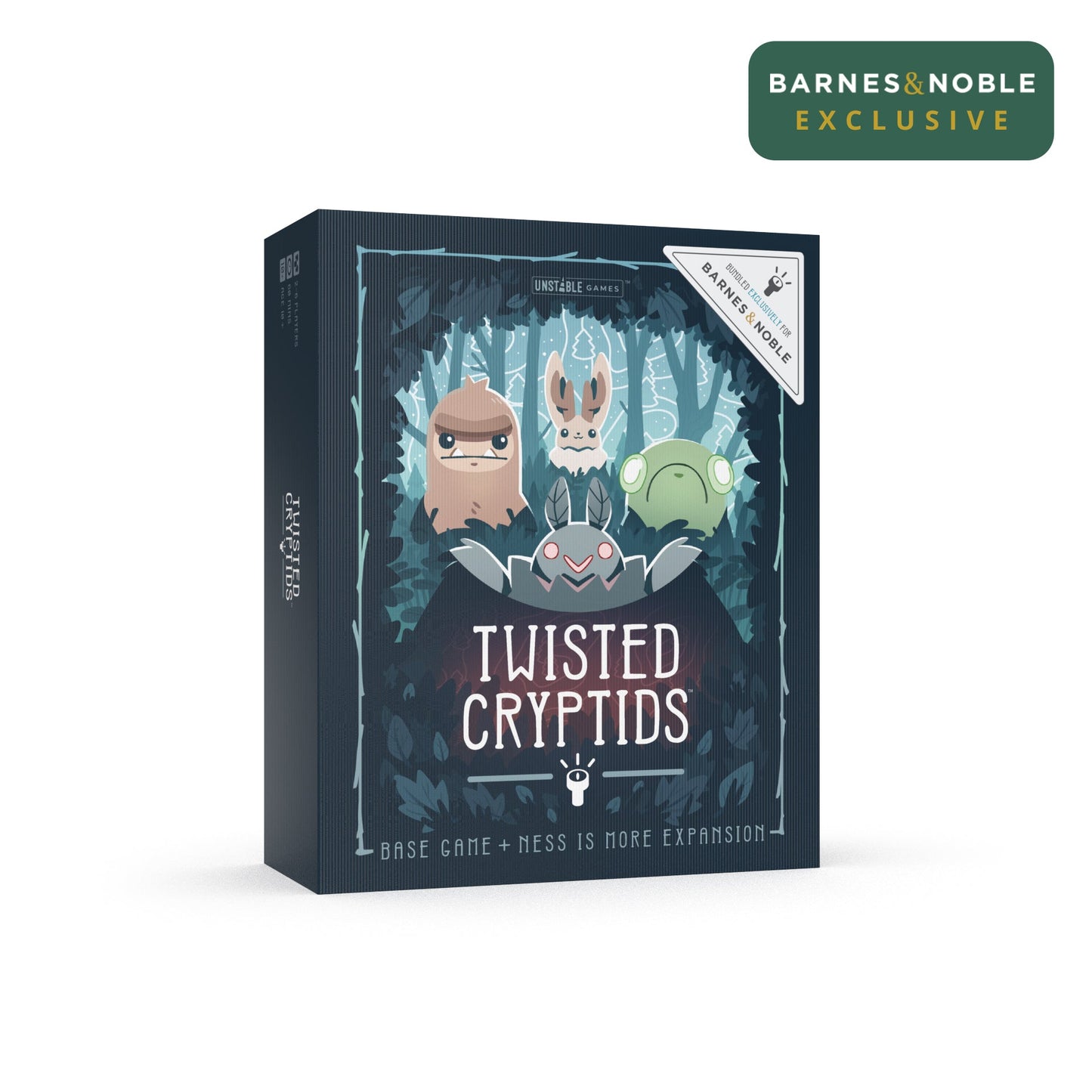 Barnes & Noble exclusive: "Twisted Cryptids: Base Game & Ness Is More Expansion Kit" by Unstable Games, featuring three cartoon cryptids on the cover.