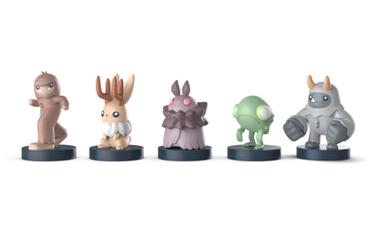 Five unique Twisted Cryptids: Vinyl Figure Blind Box collectibles from Unstable Games stand on circular bases with distinct features and colors, displayed on a white background—ideal for collectors and blind box fans.