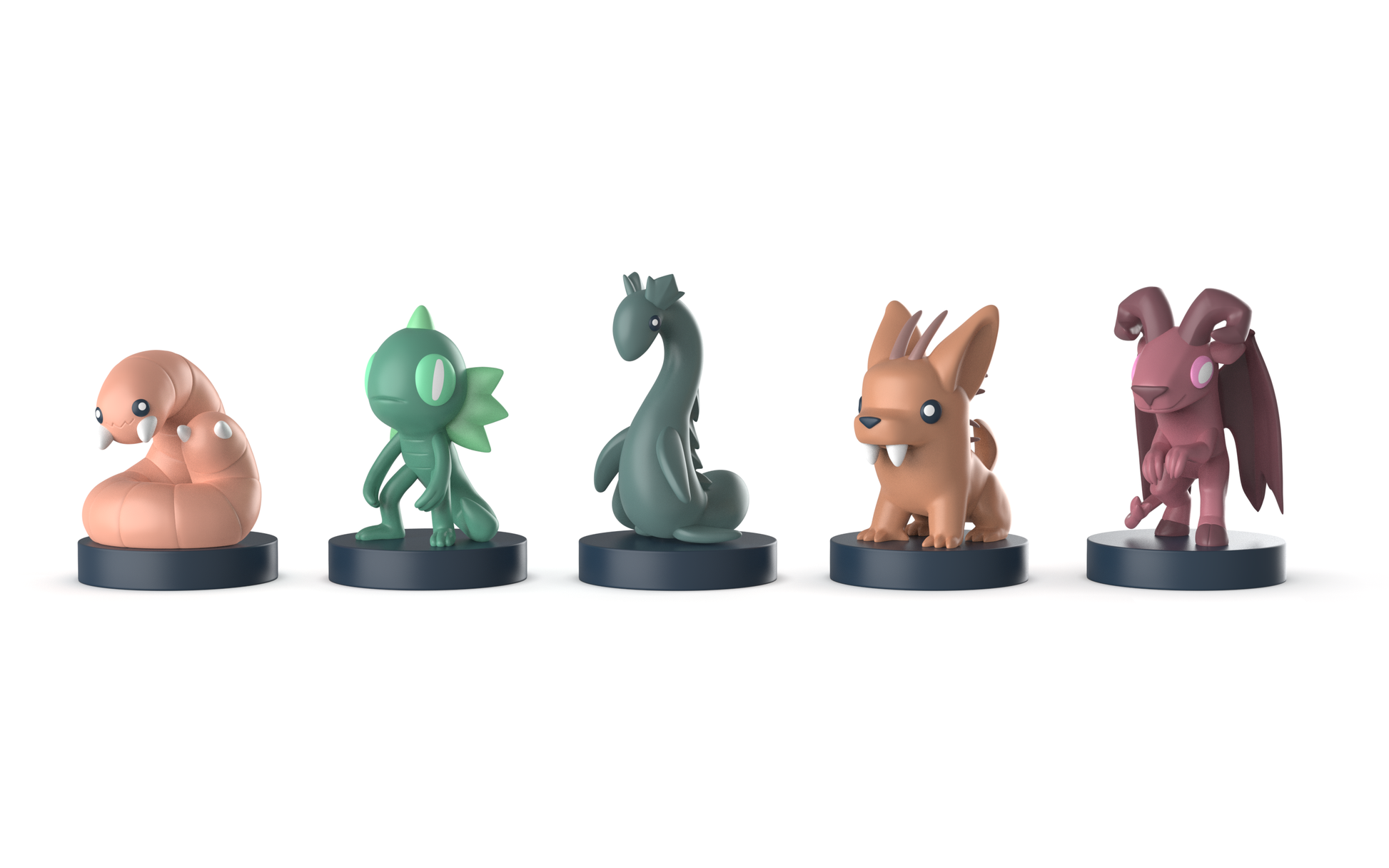 Five Twisted Cryptids: Vinyl Figure Blind Box collectibles by Unstable Games, each styled in vinyl mini figure form on a round base, are displayed in a row on a white background.