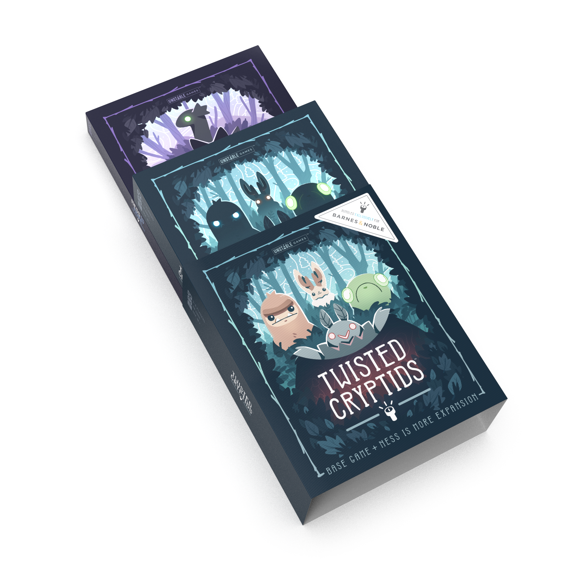 Three stacked game boxes from Unstable Games, titled "Twisted Cryptids: Base Game & Ness Is More Expansion Kit," each featuring cartoon cryptid characters on the covers.