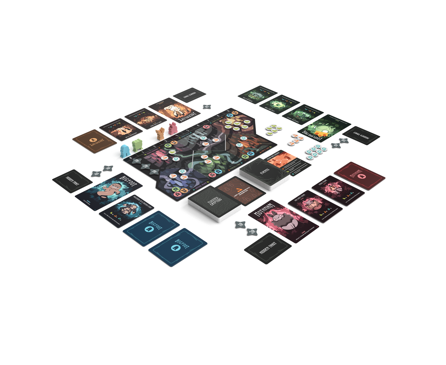 Twisted Cryptids Base Game board game setup with cards, tokens, player boards, and a main board arranged for multiple players on a white background
