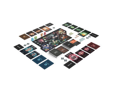Twisted Cryptids Base Game board game setup with cards, tokens, player boards, and a main board arranged for multiple players on a white background