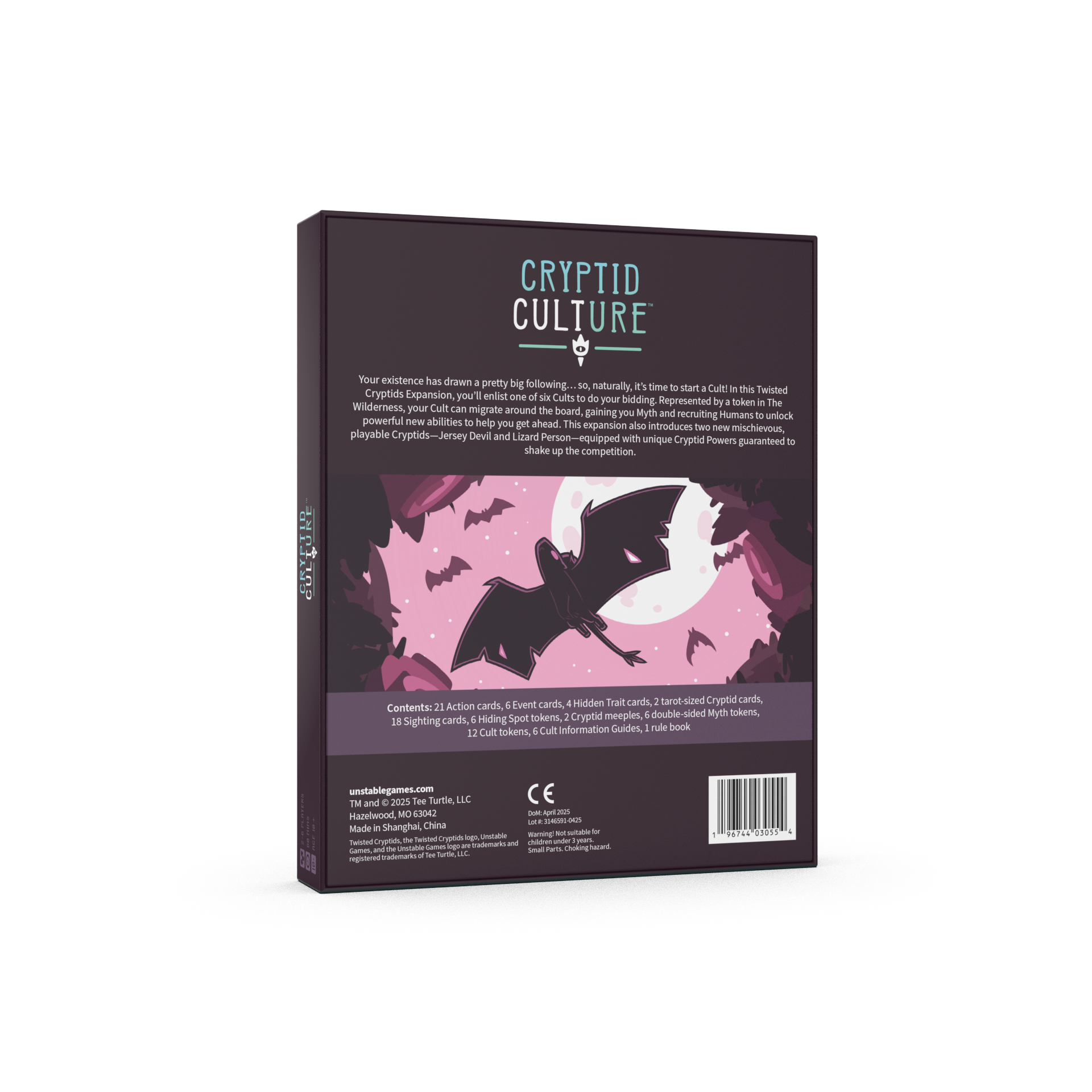 The back of Twisted Cryptids: Cryptid Culture expansion game box, featuring a dark purple background with a pink bat illustration under a full moon.