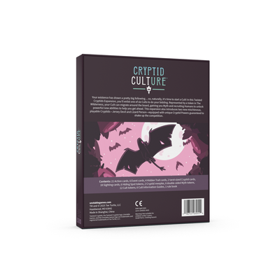 The back of Twisted Cryptids: Cryptid Culture expansion game box, featuring a dark purple background with a pink bat illustration under a full moon.