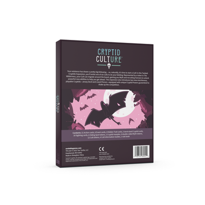 The back of Twisted Cryptids: Cryptid Culture expansion game box, featuring a dark purple background with a pink bat illustration under a full moon.