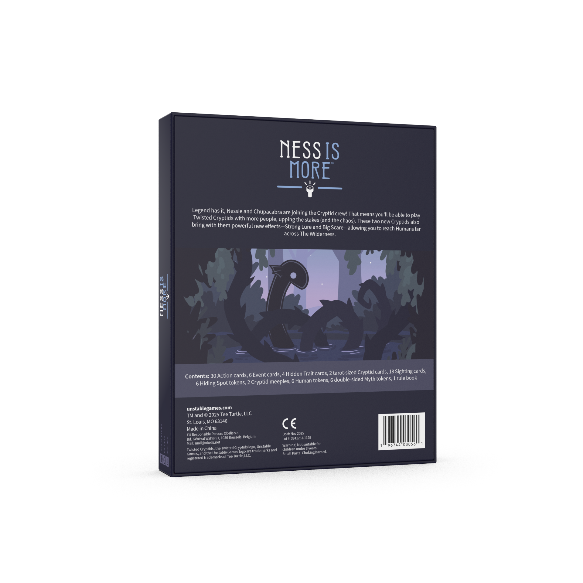 The back of Twisted Cryptids: Ness is More expansion, featuring dark artwork of a Loch Ness monster in a lake surrounded by trees, on a clean white background.