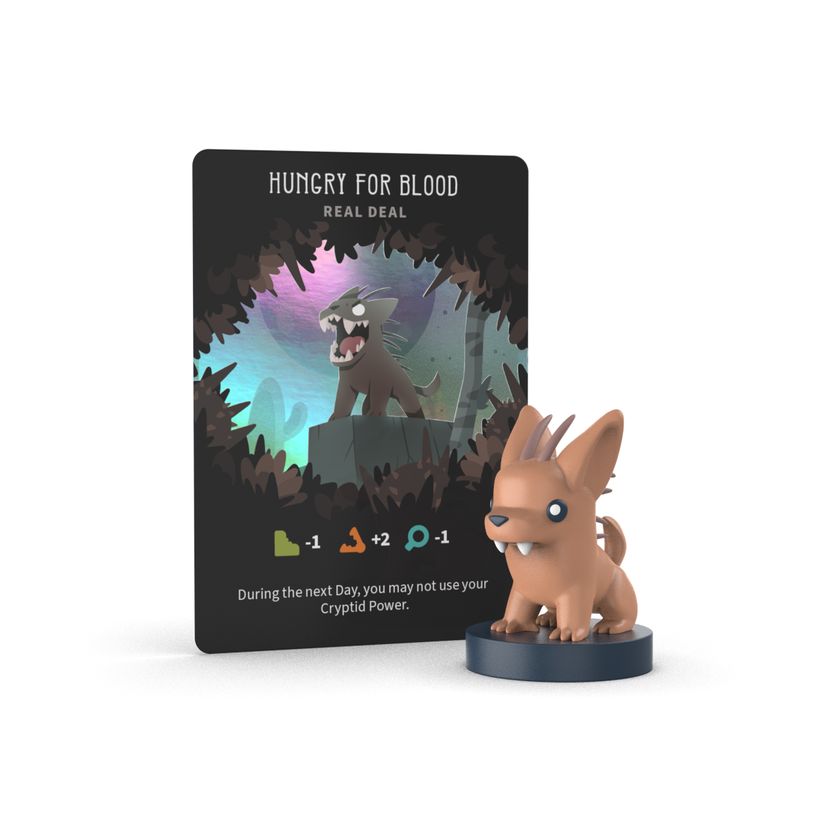 A Twisted Cryptids: Vinyl Figure Blind Box by Unstable Games features a small, brown, fanged creature vinyl mini figure on a circular base, with its "Hungry for Blood" collectible game card displayed behind it.