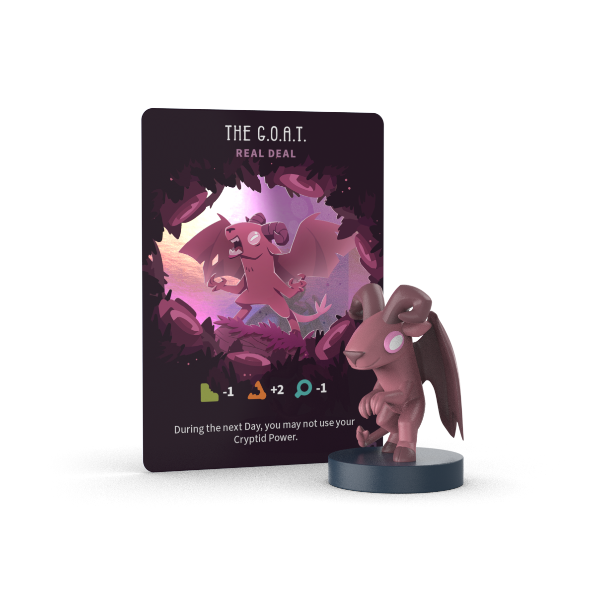 A game card labeled "The G.O.A.T. Real Deal" stands behind its matching goat figurine from the Unstable Games Twisted Cryptids: Vinyl Figure Blind Box, displaying stats and a rule about skipping Cryptid Power use the following day.