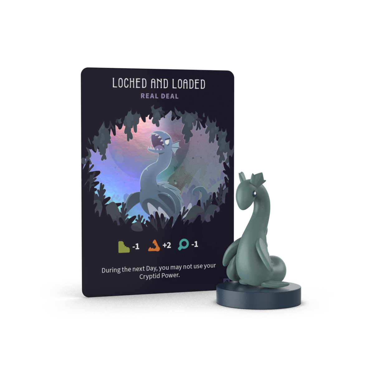 A "Loched and Loaded" game card from Unstable Games' Twisted Cryptids: Vinyl Figure Blind Box stands behind a matching dinosaur vinyl mini figure, both displayed on a white background.