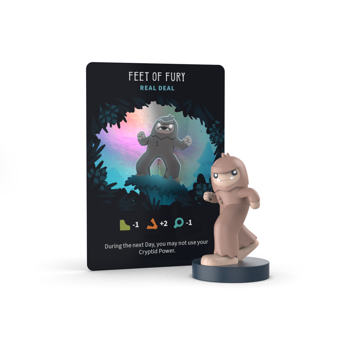 A "Feet of Fury" game card stands behind a matching brown Twisted Cryptids: Vinyl Figure Blind Box mini from Unstable Games, both on a round base; the card shows stats and a special ability in white text on black.