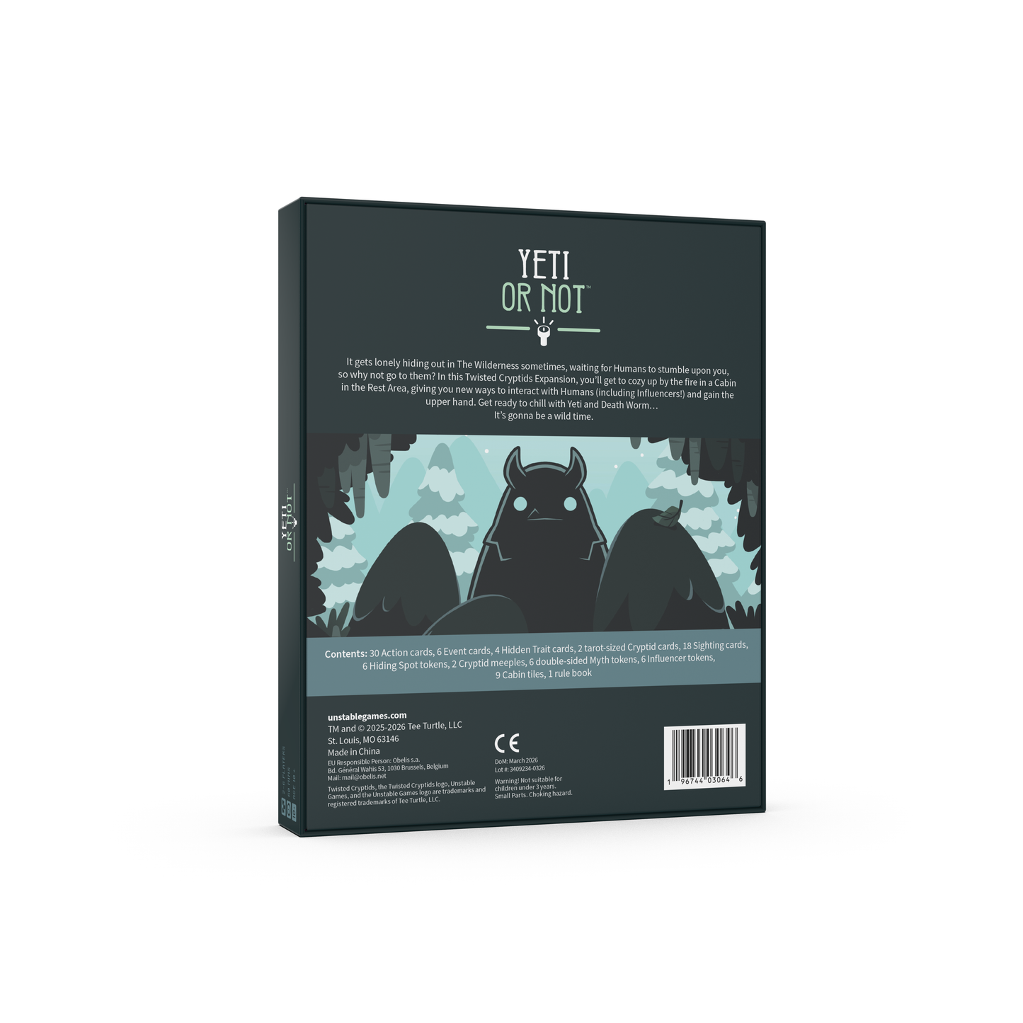 The back of the board game box for Twisted Cryptids: Yeti or Not expansion is shown against a plain white background. The box is dark teal with white text and a central illustration of a black Yeti figure against a snowy mountain background.