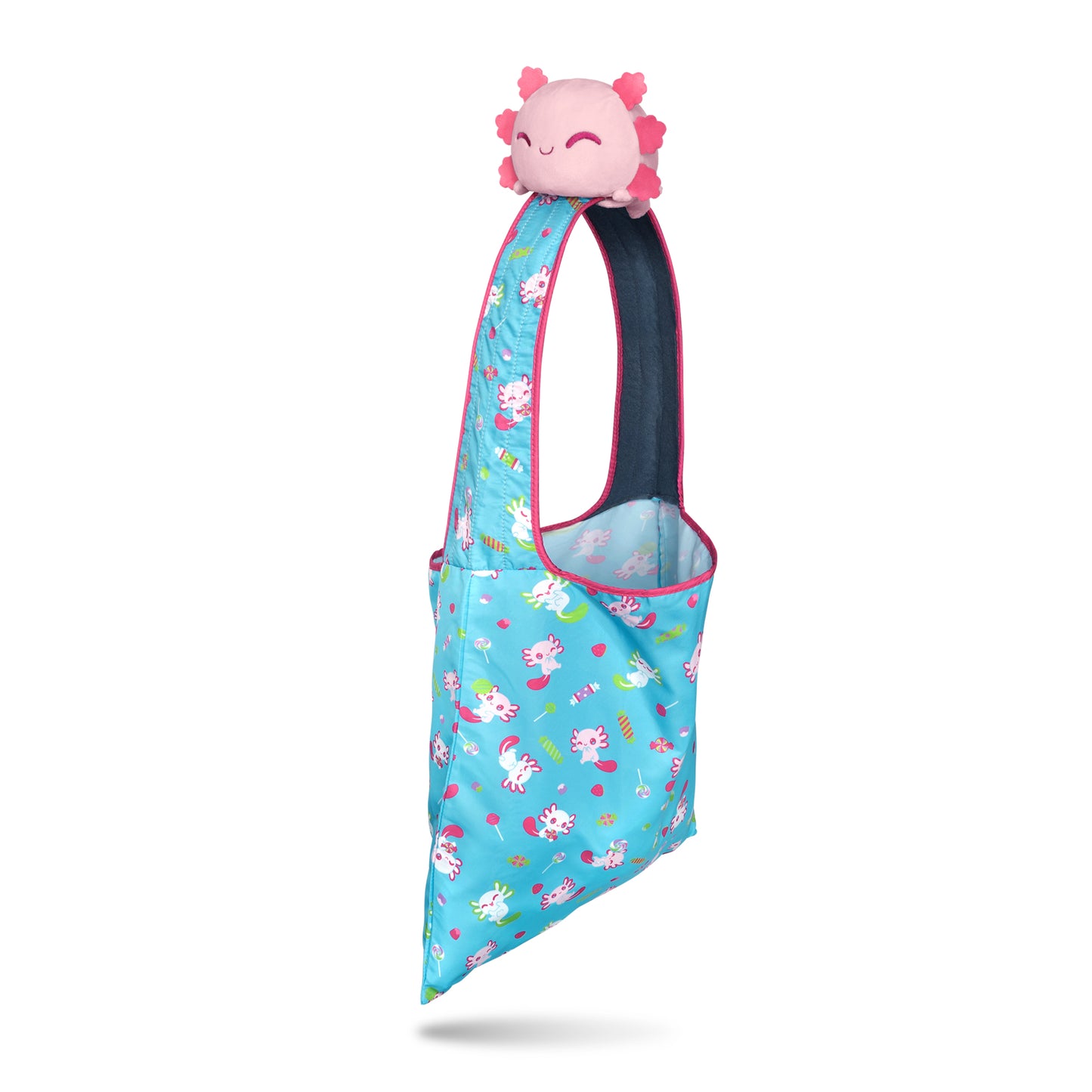 A blue Plushiverse Alotl Candy plushie tote bag with a TeeTurtle plushie on top, perfect for a secret tote bag.