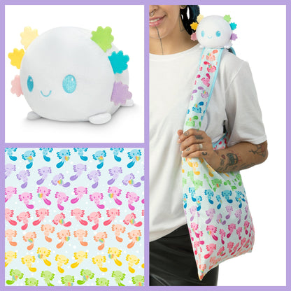 TeeTurtle Plushiverse White Rainbow Axolotl Plushie Tote Bag with a velcro storage pouch.