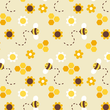 Bees and sunflowers on a yellow background featuring TeeTurtle Plushiverse Honeybee Plushie Tote Bag.