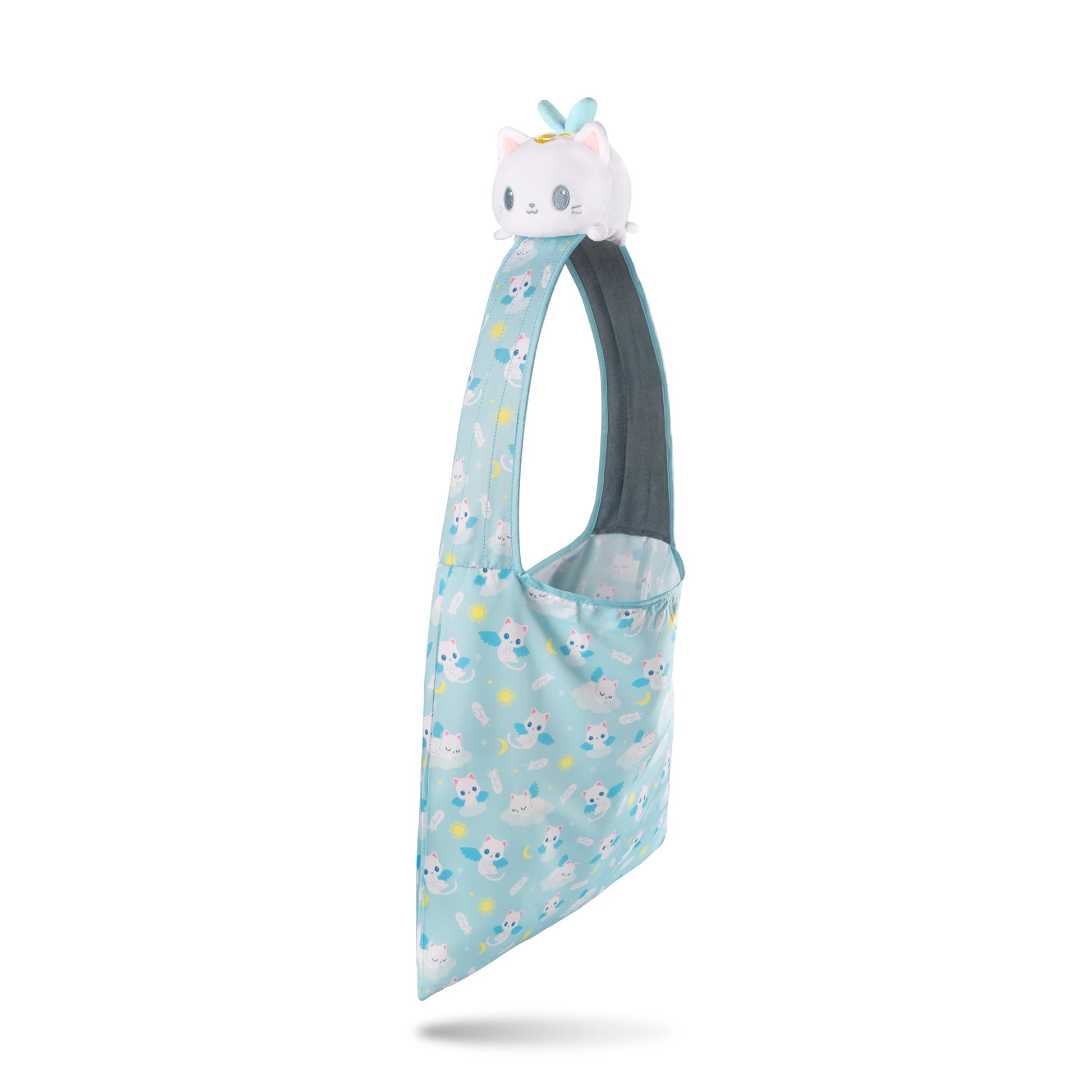 A blue and white Plushiverse Angelic Kitty Plushie Tote Bag with a unicorn on it, featuring a velcro storage pouch by TeeTurtle.