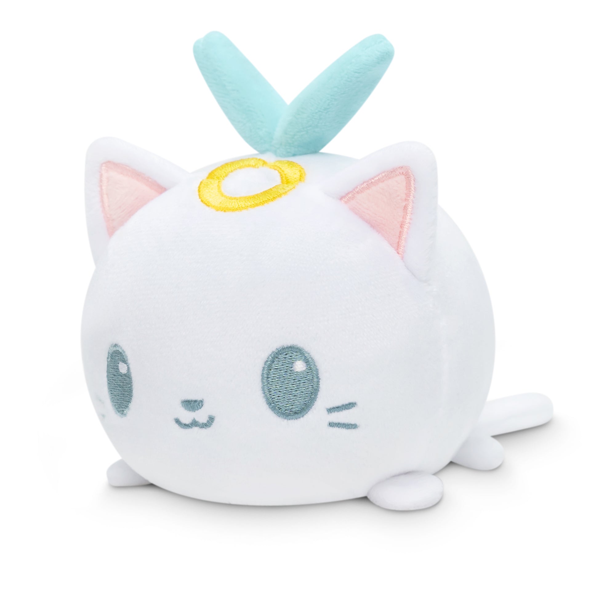 A white Plushiverse Angelic Kitty Plushie Tote Bag with a blue ring on its head, perfect for TeeTurtle plushies collectors.
