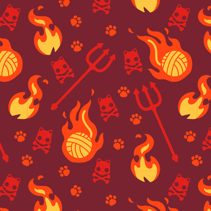 A red and orange Plushiverse Devilish Kitty pattern featuring a cat surrounded by catnip and fire, available as both a plushie and tote bag from TeeTurtle.