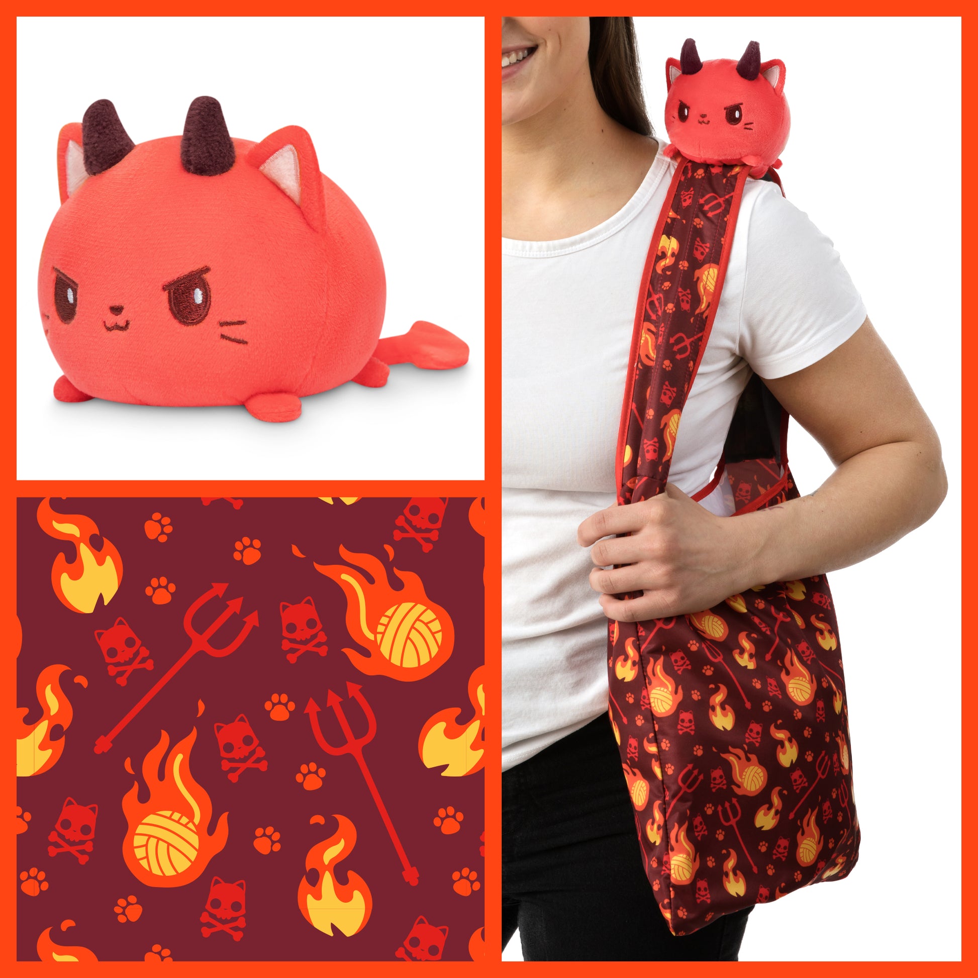 A woman is carrying a Plushiverse Devilish Kitty Plushie and a TeeTurtle tote bag with flames on it.