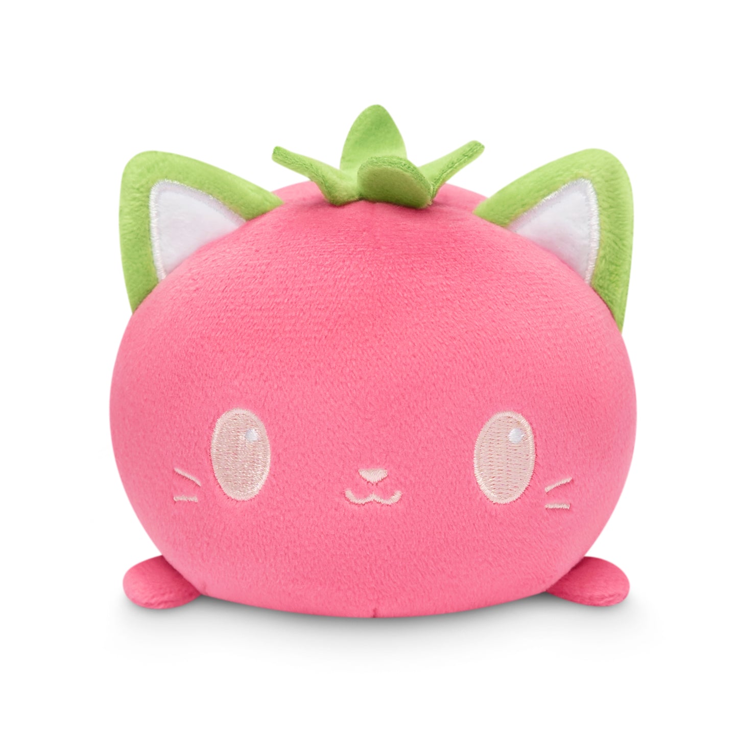 A Plushiverse Strawberry Cat Plushie Tote Bag by TeeTurtle, a pink cat shaped plush toy with green eyes, perfect as a plushie or for storage pouch.