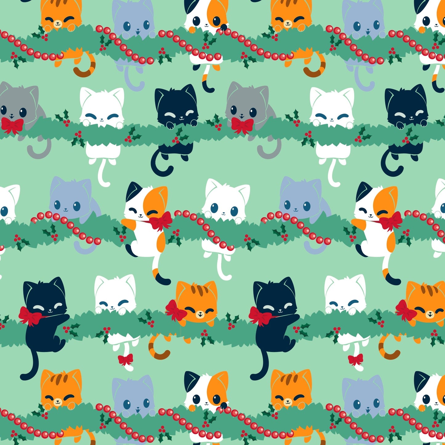 A pattern with cats on a green background featuring TeeTurtle Plushiverse Meowy Christmas Plushie Tote Bags.