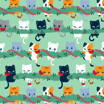 A pattern with cats on a green background featuring TeeTurtle Plushiverse Meowy Christmas Plushie Tote Bags.