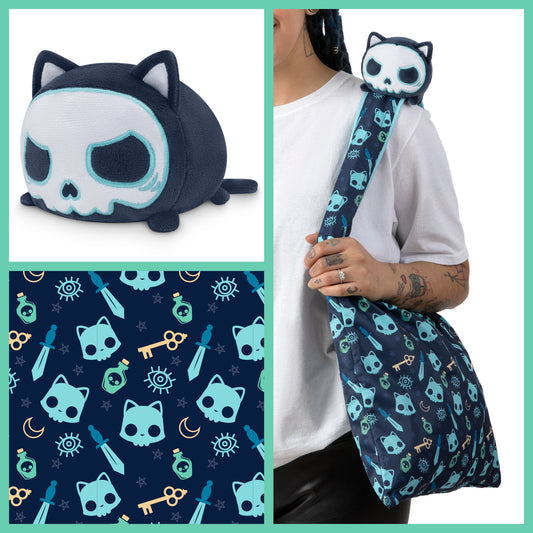 A TeeTurtle Plushiverse Skeleton Cat Plushie and a secret TeeTurtle Tote Bag with skulls on it.