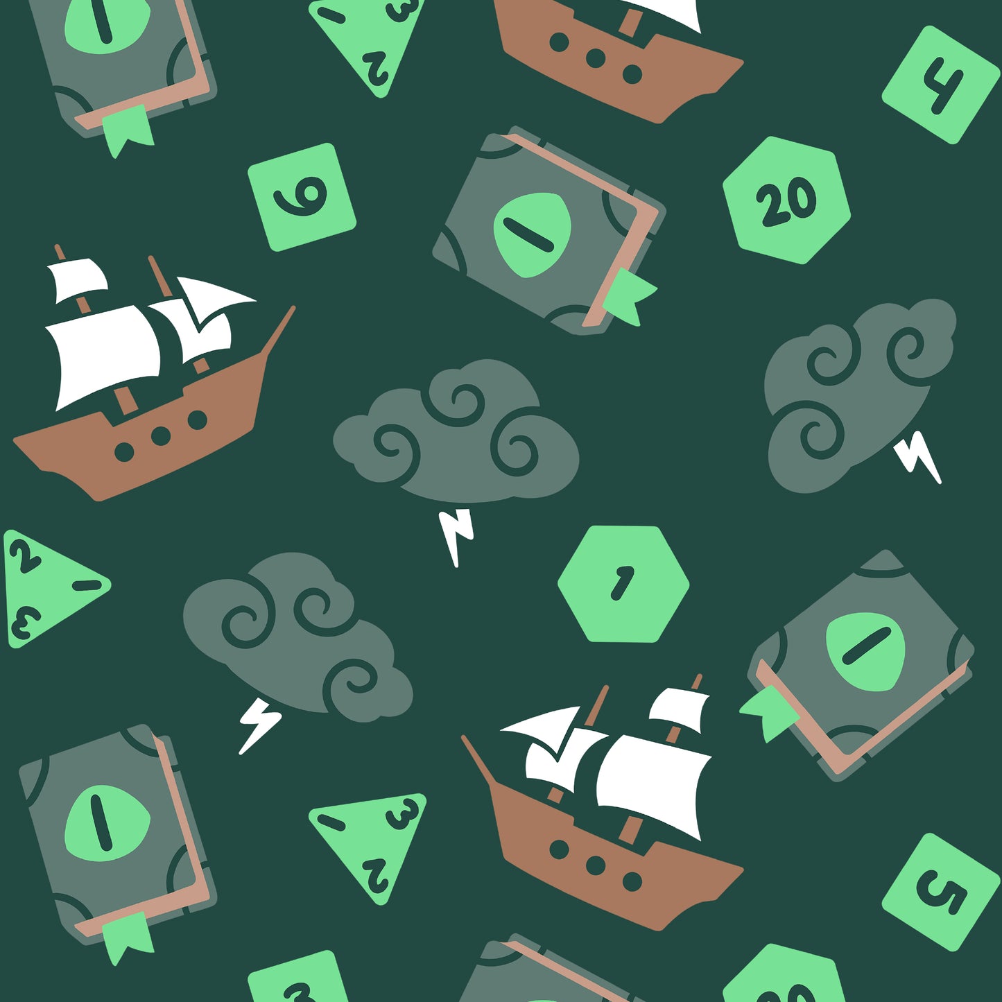 A seamless pattern featuring TeeTurtle's Plushiverse Tabletop Cthulhu Plushie Tote Bag bringing adventure to life, set against dice evoking the thrill of chance.