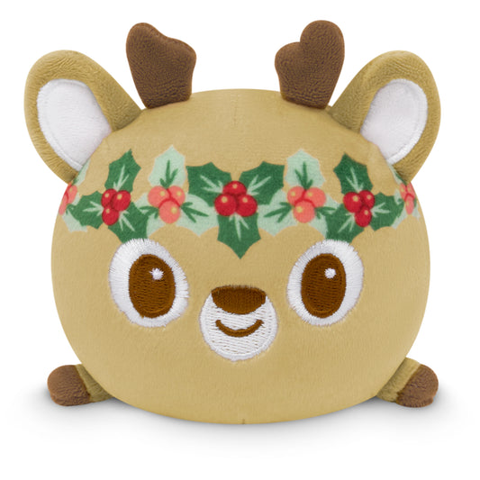 A Plushiverse Holly Jolly Deer Plushie Tote Bag wearing a holly wreath on his head. (TeeTurtle)