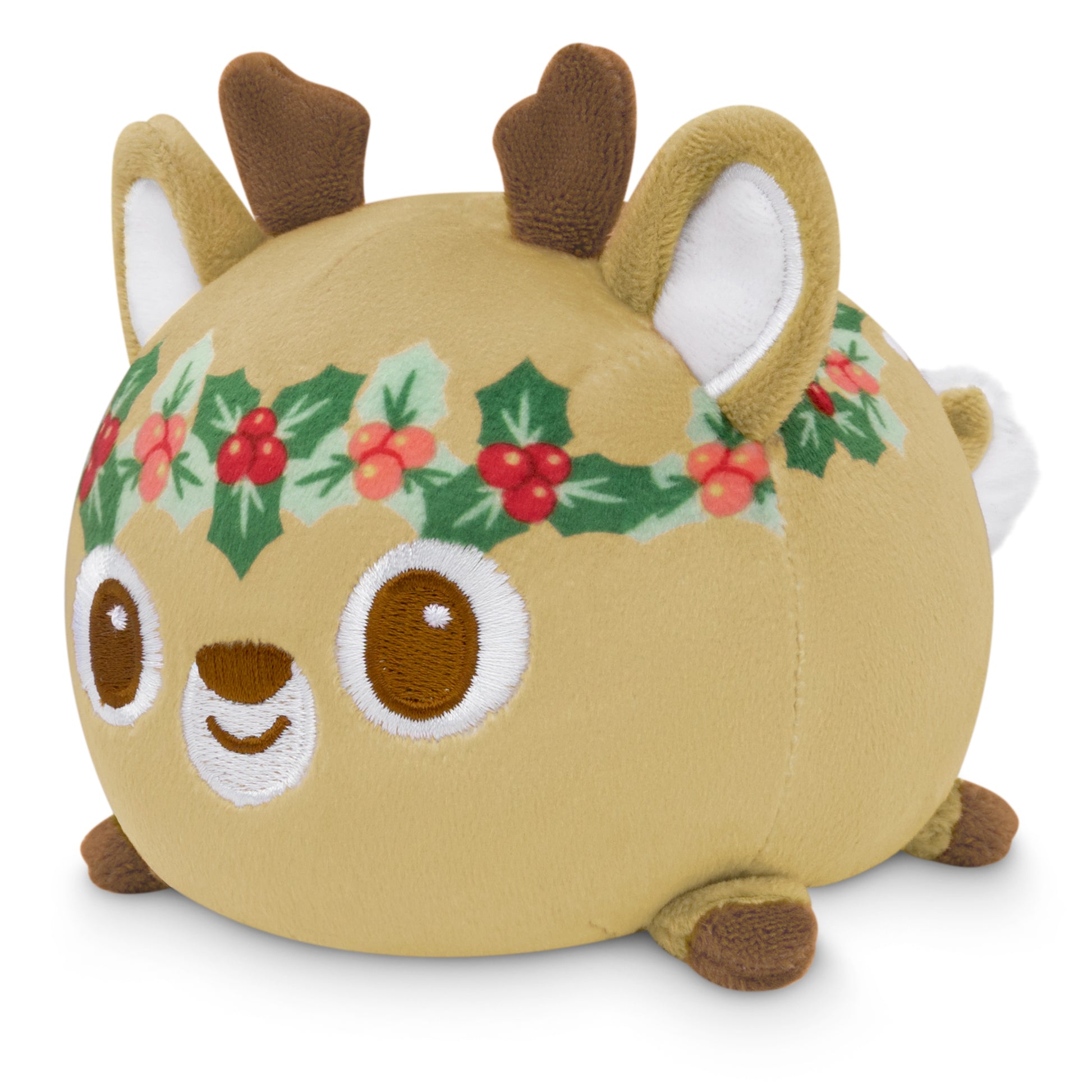 A TeeTurtle Plushiverse Holly Jolly Deer Plushie Tote Bag adorned with a holly wreath on its head, featuring a velcro storage pouch for hidden treasures.