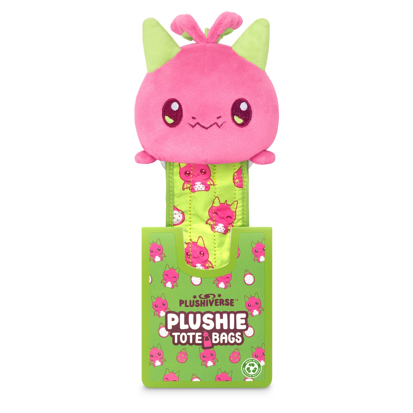 A Plushiverse Dragon Fruit Plushie Tote Bag with green eyes perfect for plushie collectors by TeeTurtle.