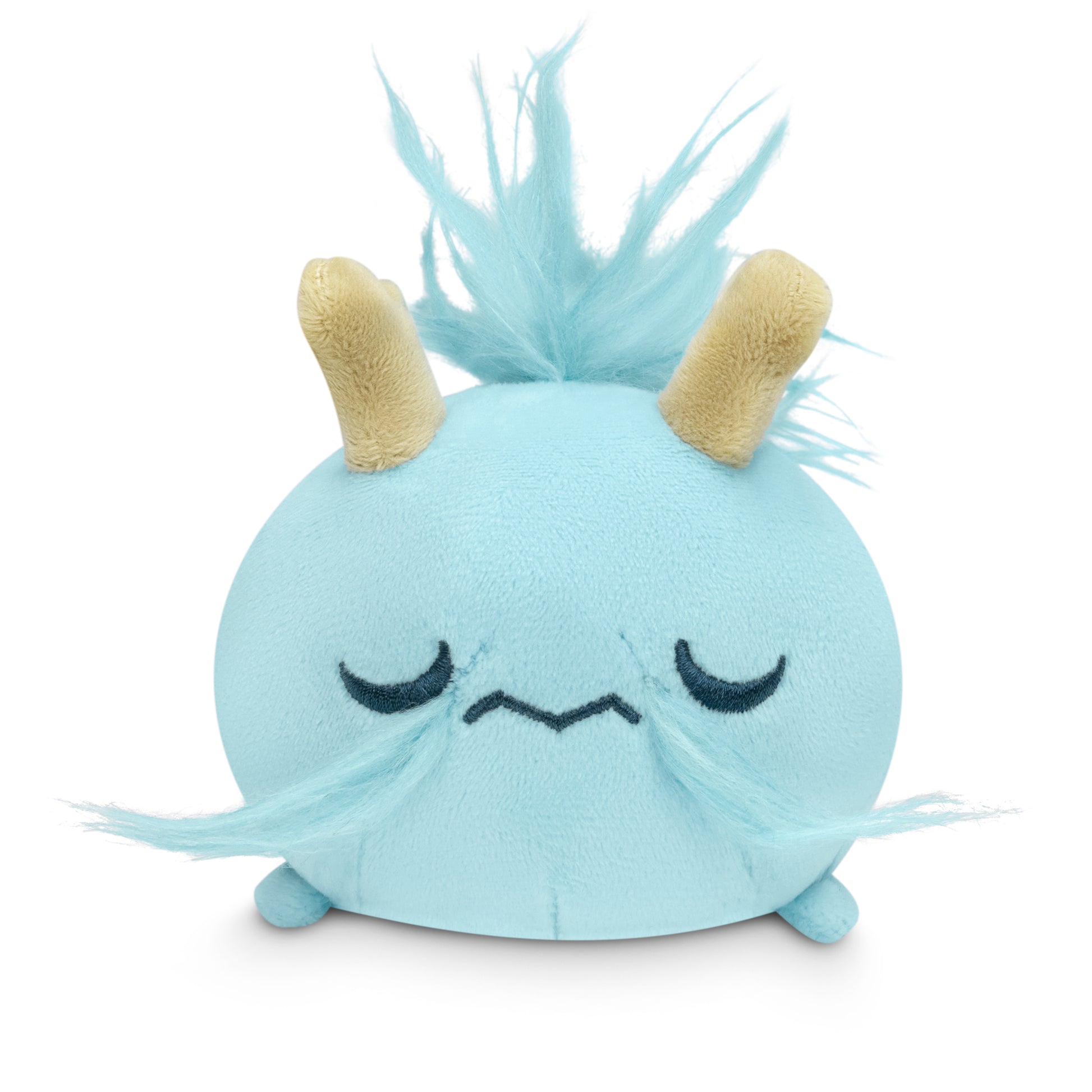 A blue Plushiverse Realm of the Dragon Plushie Tote Bag with long hair and horns from TeeTurtle plushies.