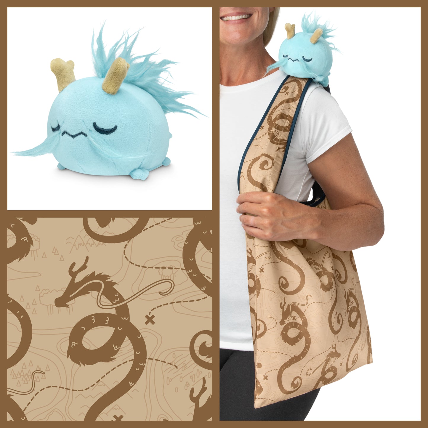 A woman is holding a TeeTurtle Plushiverse Realm of the Dragon Plushie Tote Bag.