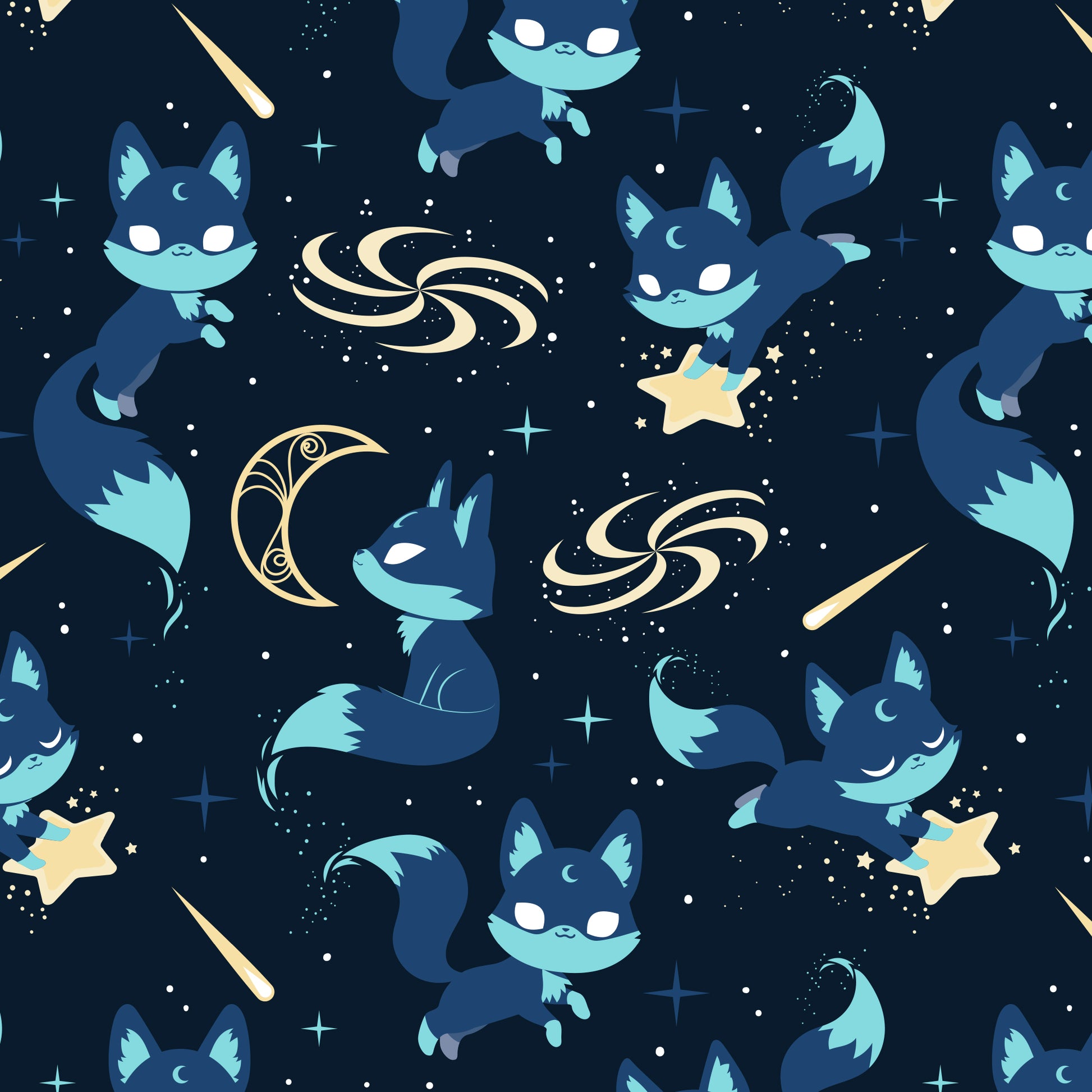 Starry Foxes with stars and moons on a blue background available as TeeTurtle Plushiverse Starry Fox Plushie Tote Bags.