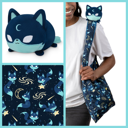 A Plushiverse Starry Fox Plushie and a TeeTurtle tote bag with stars on it.