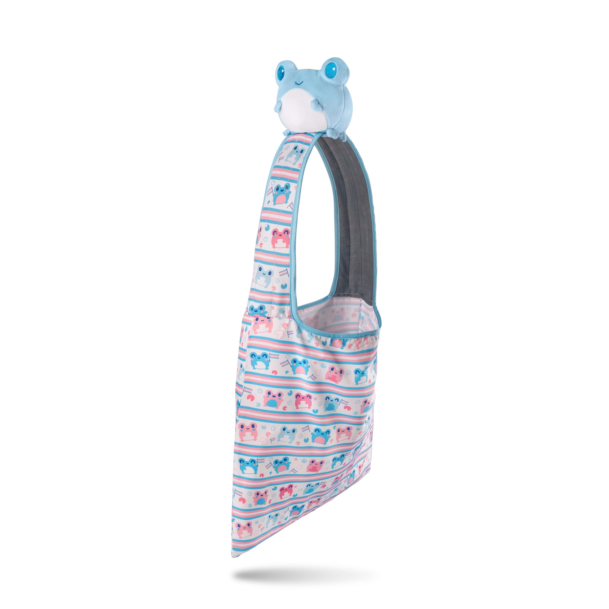 A blue and white TeeTurtle Plushiverse Trans Pride Frog Plushie tote bag featuring a cute teddy bear design.