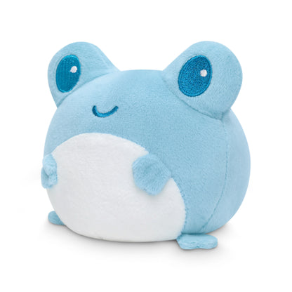 A blue Plushiverse Trans Pride Frog plushie tote bag with blue eyes, perfect for storing alongside other TeeTurtle plushies.
