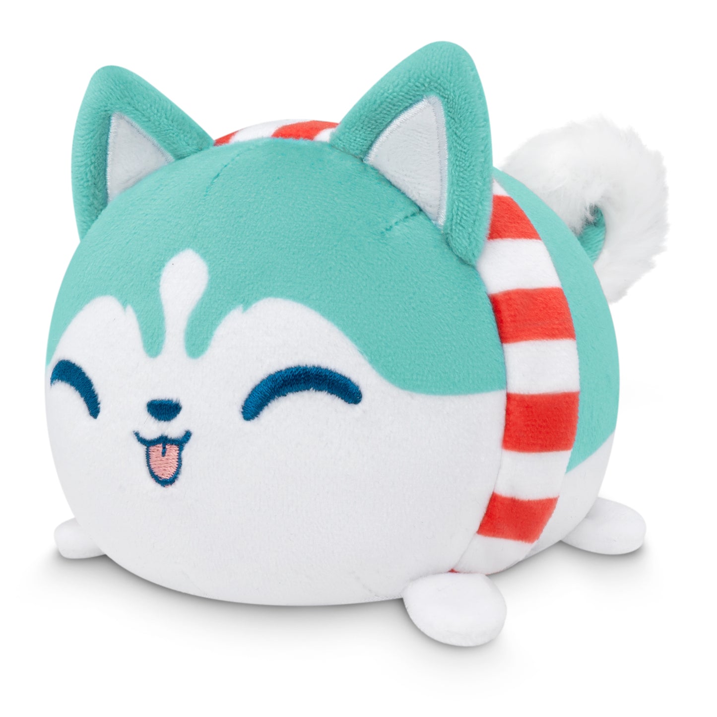 A TeeTurtle Plushiverse Holiday Husky Plushie Tote Bag with a red and white scarf, featuring a velcro storage pouch.