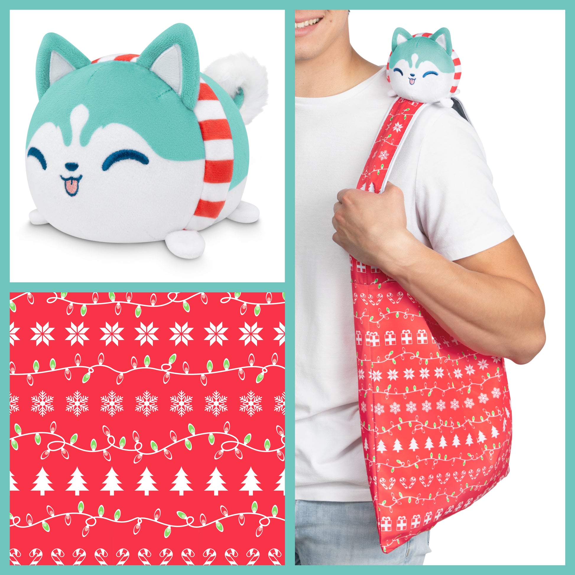 An image of a TeeTurtle Plushiverse Holiday Husky Plushie Tote Bag.