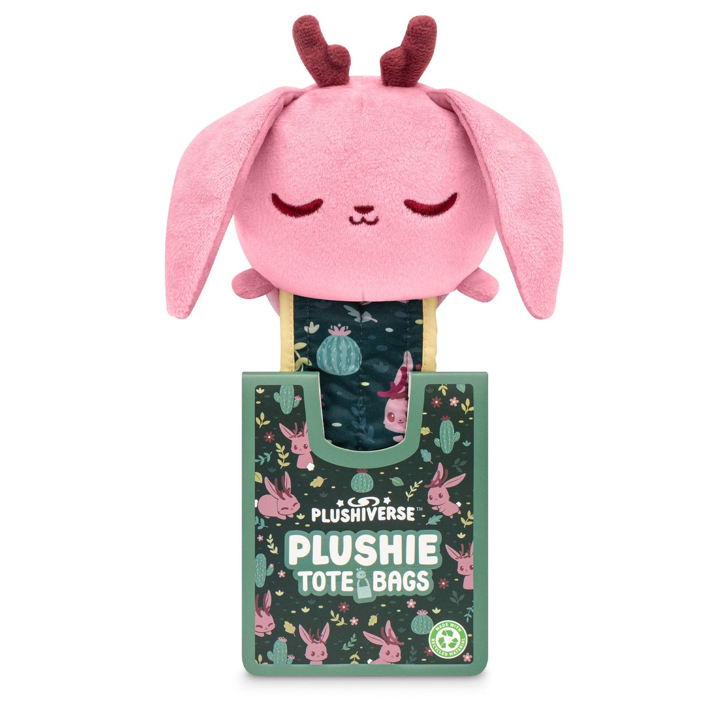 A Plushiverse Fearsome Jackalope plushie tote bag with pink ears and a serene expression, protruding from a decorative green box labeled "TeeTurtle".