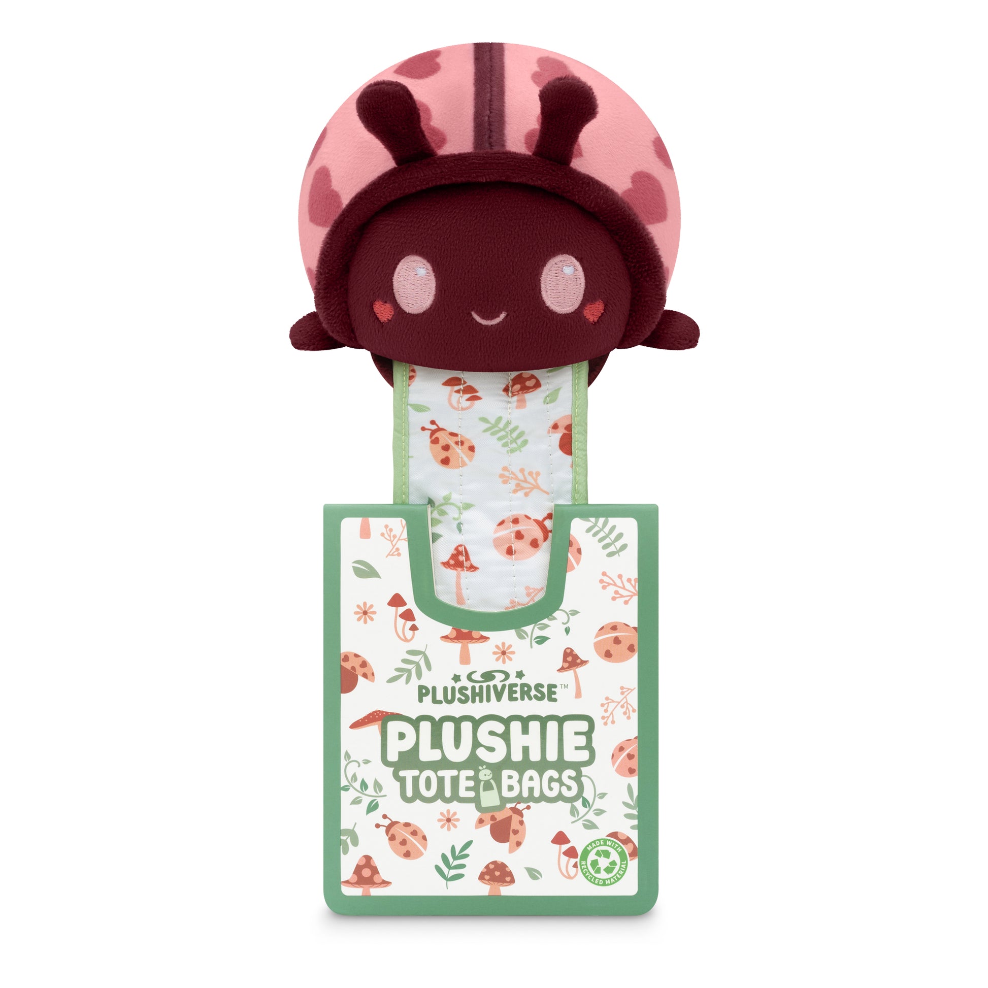 A Plushiverse Lovebug plushie with a pink flower on top, perfect for velcro storage pouched or TeeTurtle tote bags.