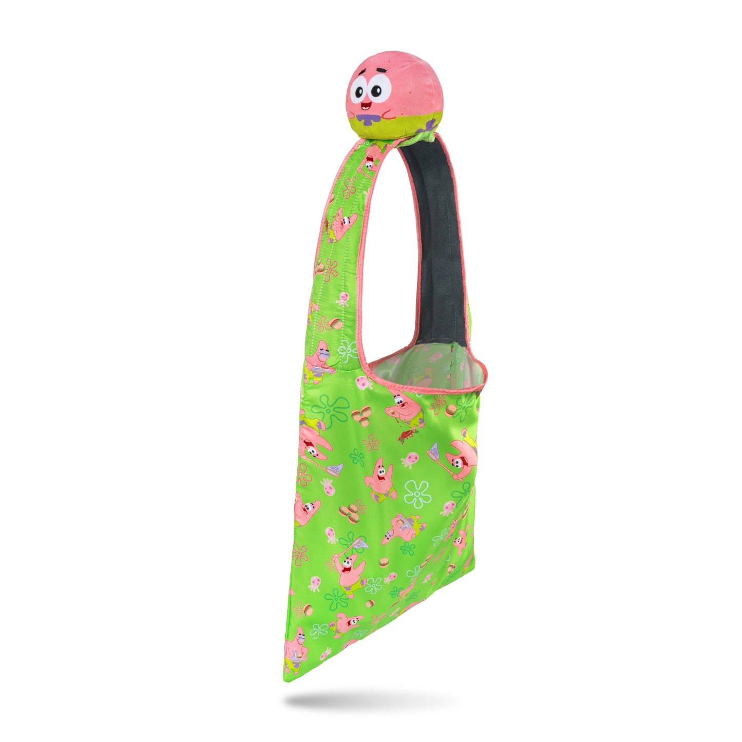 A green and pink baby carrier with a cartoon character face on top and colorful patterns of the same character on the body, much like a whimsical Plushiverse Patrick Star Snacktime Plushie Tote Bag that could feature Nickelodeon plushies.