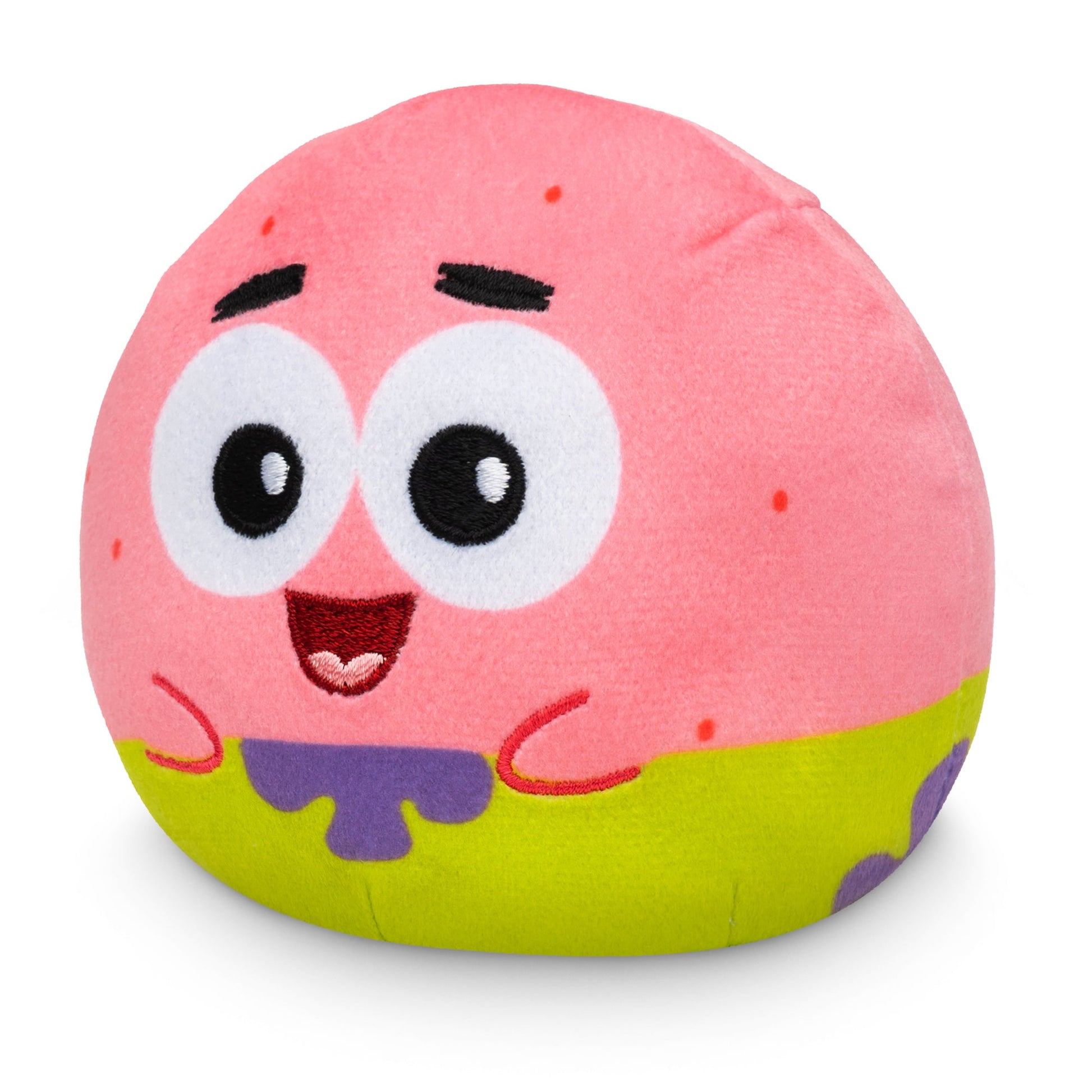 A round, pink Plushiverse Patrick Star Snacktime Plushie Tote Bag from Nickelodeon with large eyes, a small mouth, and a green and purple base, lovingly crafted from recycled plastic bottles.