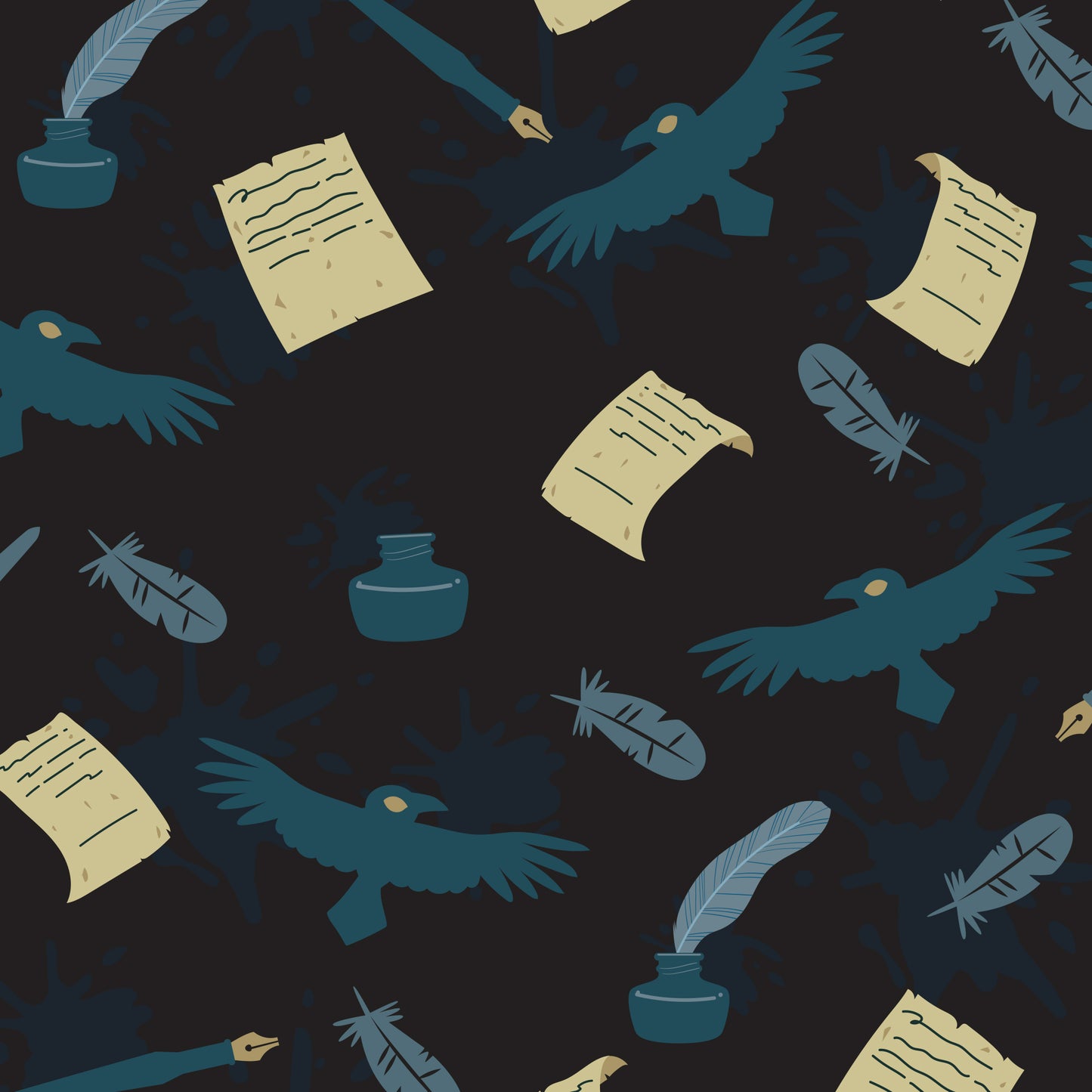 A seamless pattern with birds and feathers adorned with ink on TeeTurtle's Plushiverse Quill of the Raven Plushie Tote Bag.