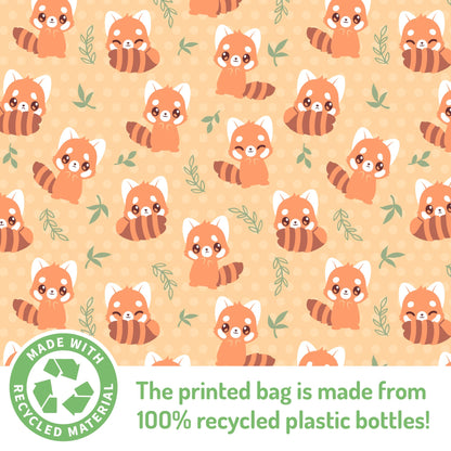 Patterned tote bag featuring illustrations of red pandas with a label stating the item is made from 100% recycled plastic bottles.
Product: Plushiverse Bamboo Snack Plushie Tote Bag
Brand: TeeTurtle