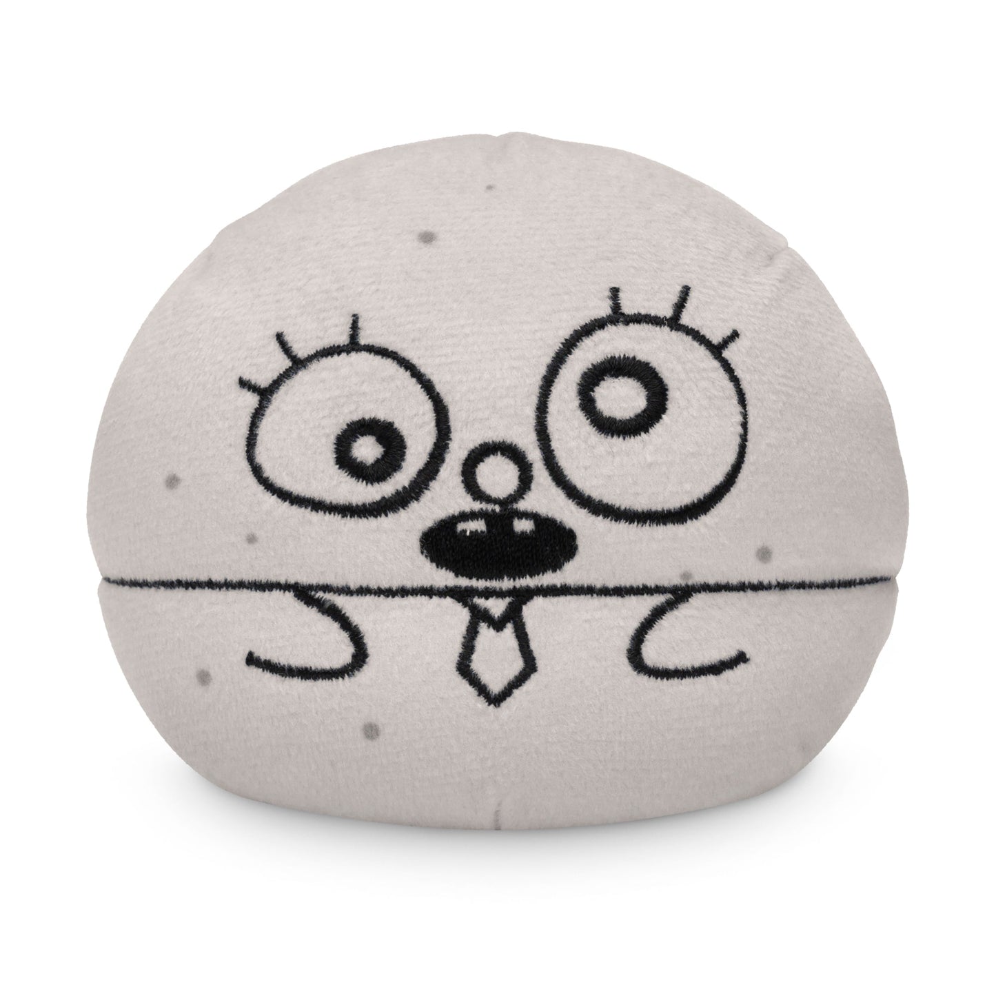 A round, grey plush toy with embroidered wide eyes, eyelashes, a nose, and a small straight-line smile, featuring small black dots. This Plushiverse DoodleBob Plushie Tote Bag is made from recycled plastic bottles by Nickelodeon.